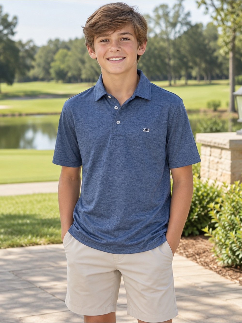 Vineyard Vines Boys XL 18 On-The-Go Sankaty Polo Blue Performance Shirt